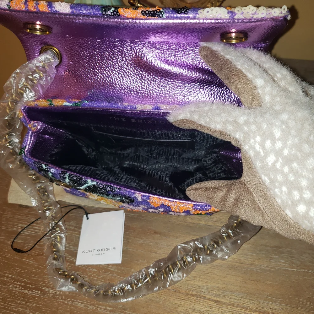 NWT! Kurt Geiger Purple Sequin Floral Crossbody Bag w/ Lock & Dusty